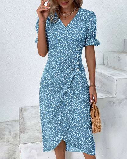 V Neck Puff Sleeve Wrap Front Midi Dress