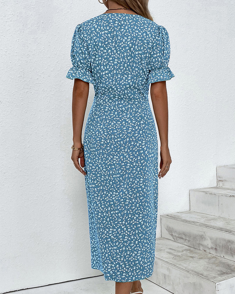 V Neck Puff Sleeve Wrap Front Midi Dress