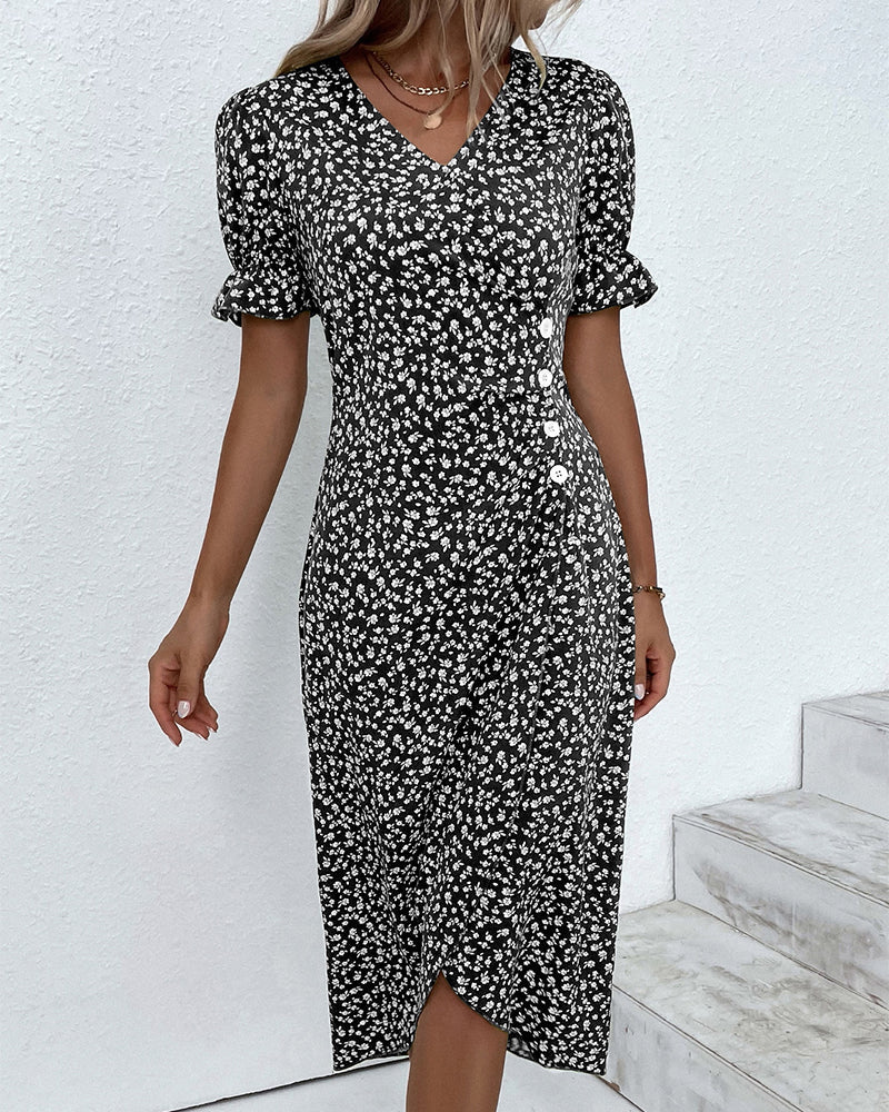 V Neck Puff Sleeve Wrap Front Midi Dress