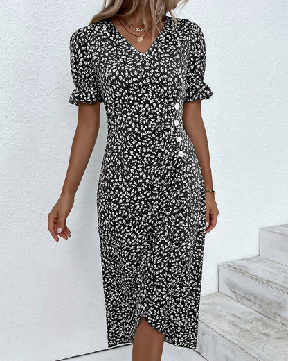 V Neck Puff Sleeve Wrap Front Midi Dress