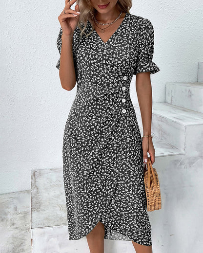 V Neck Puff Sleeve Wrap Front Midi Dress