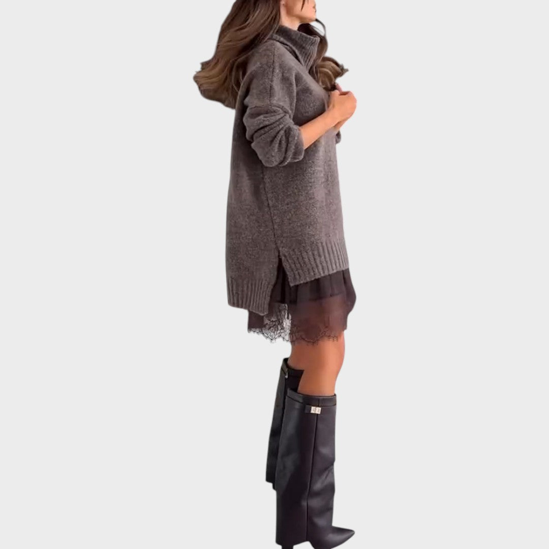 Turtleneck Oversized Sweater Lace Slip Dress