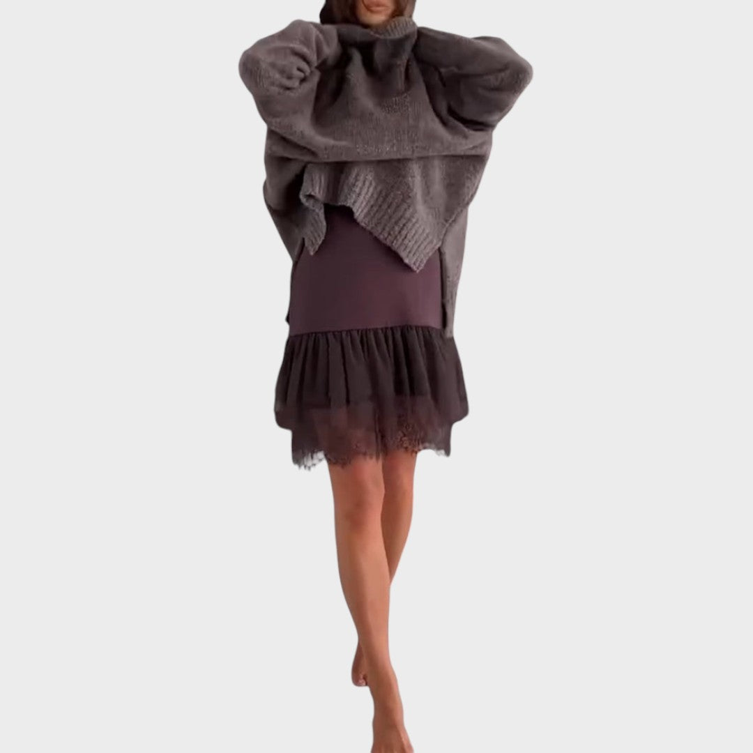 Turtleneck Oversized Sweater Lace Slip Dress