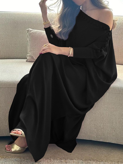 Button Trim Asymmetric Off Shoulder Slit Maxi Dress
