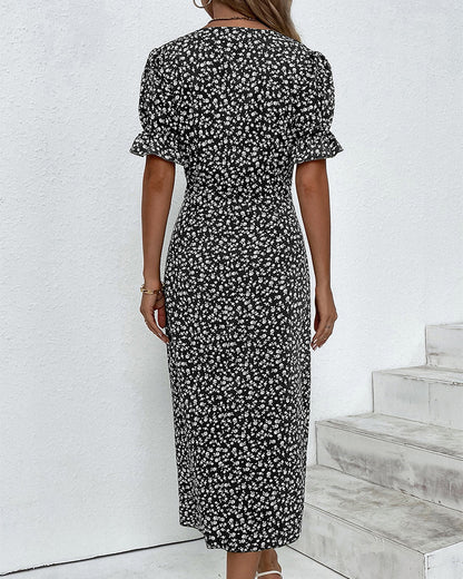 V Neck Puff Sleeve Wrap Front Midi Dress
