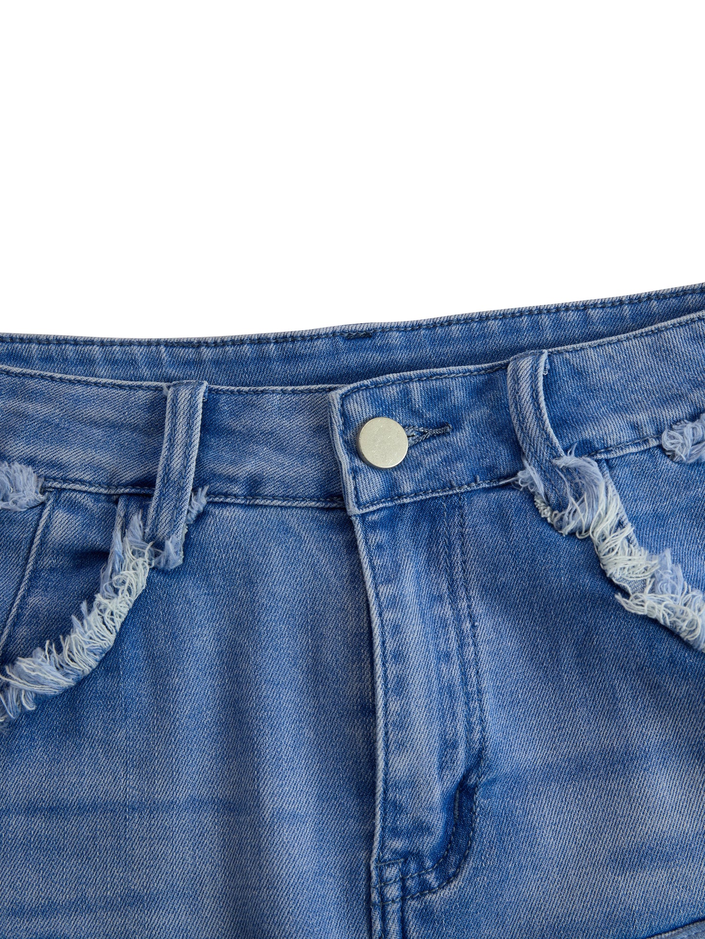 Pocketed Buttoned Fringed Frayed Looped Shorts