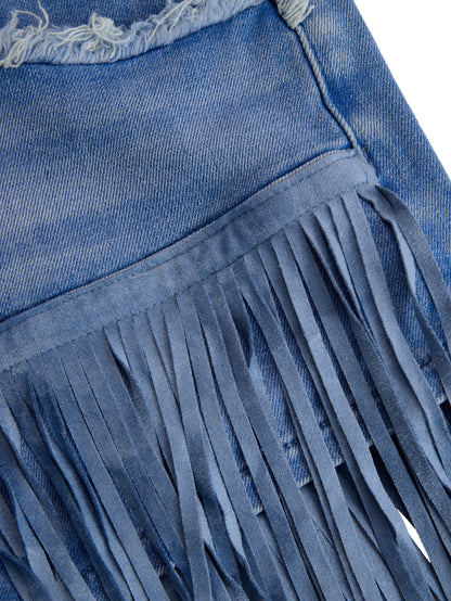 Pocketed Buttoned Fringed Frayed Looped Shorts