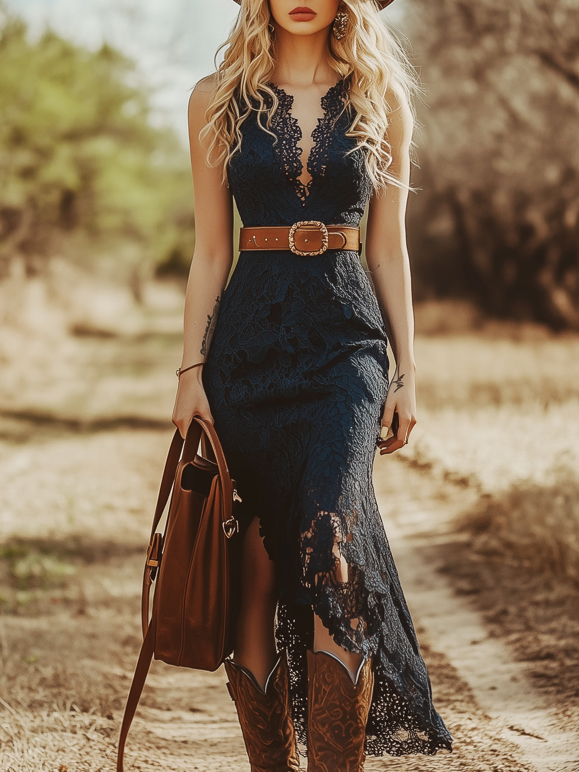 Sleeveless Slit Scalloped Belted Asymmetric Lace Dress