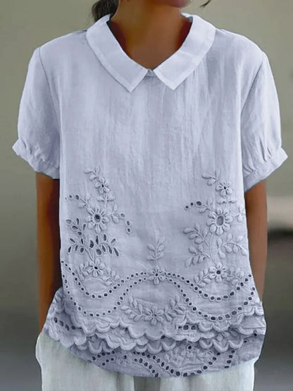 Embroidered Eyelet Scalloped Peter Pan Collar Shirt