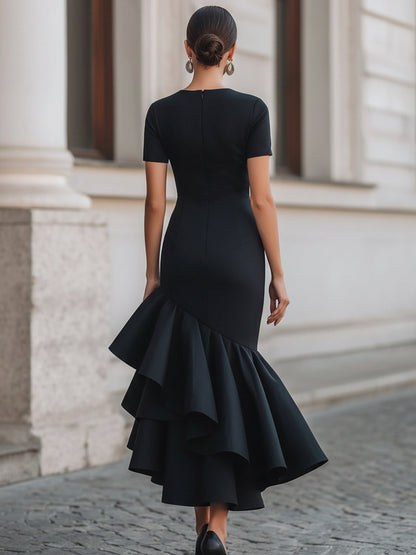 Fitted Crew Neck Short Sleeve Ruffled Asymmetric Dress