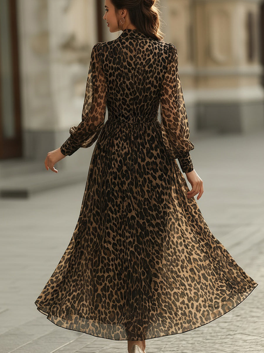 Leopard Print Long Sleeve Sheer Maxi Dress