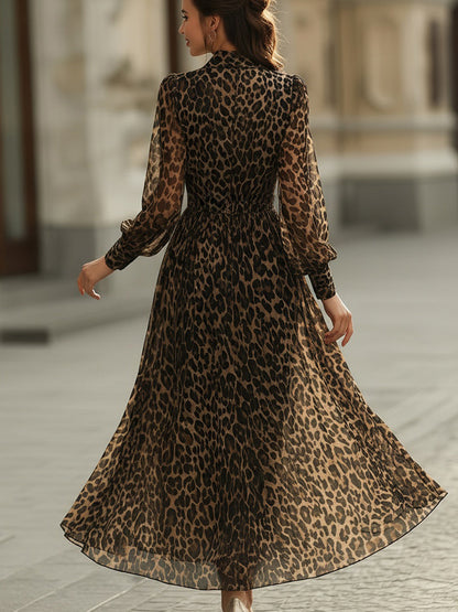 Leopard Print Long Sleeve Sheer Maxi Dress