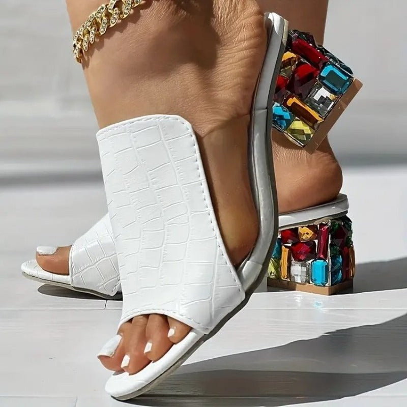 Open Backless Wide Textured Chunky Embellished Sandals