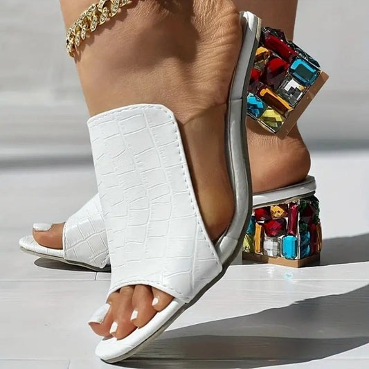 Open Backless Wide Textured Chunky Embellished Sandals