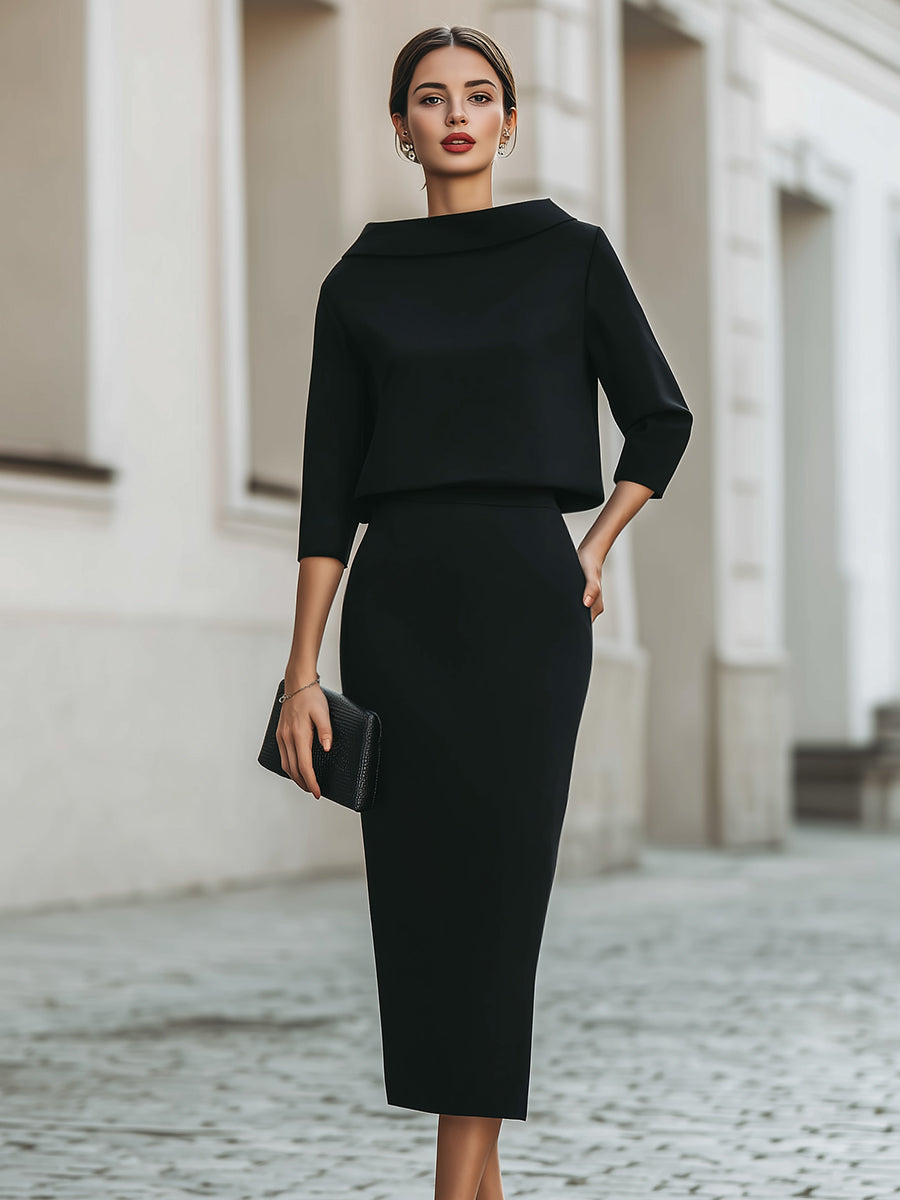 Fitted Boat Neck Three Quarter Sleeve Midi Set