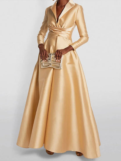 Lapel Neck Crisscross Satin A Line Maxi Dress