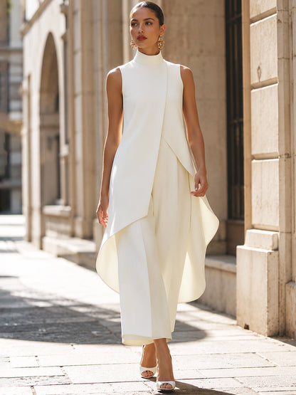 Asymmetric Layered Sleeveless Top & Wide-Leg Trousers Set