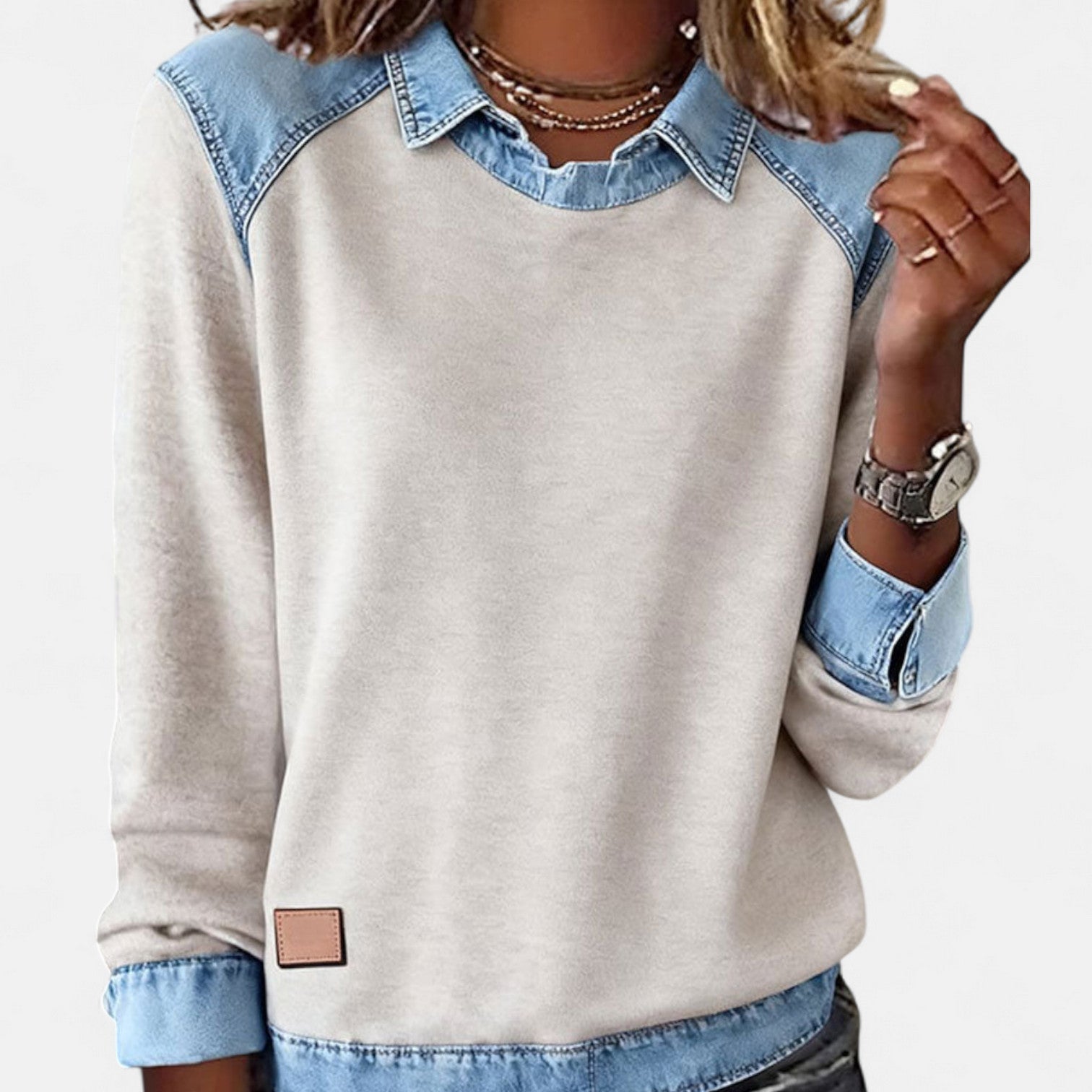 Women's Point Collar Long Sleeve Colorblock Sweatshirt