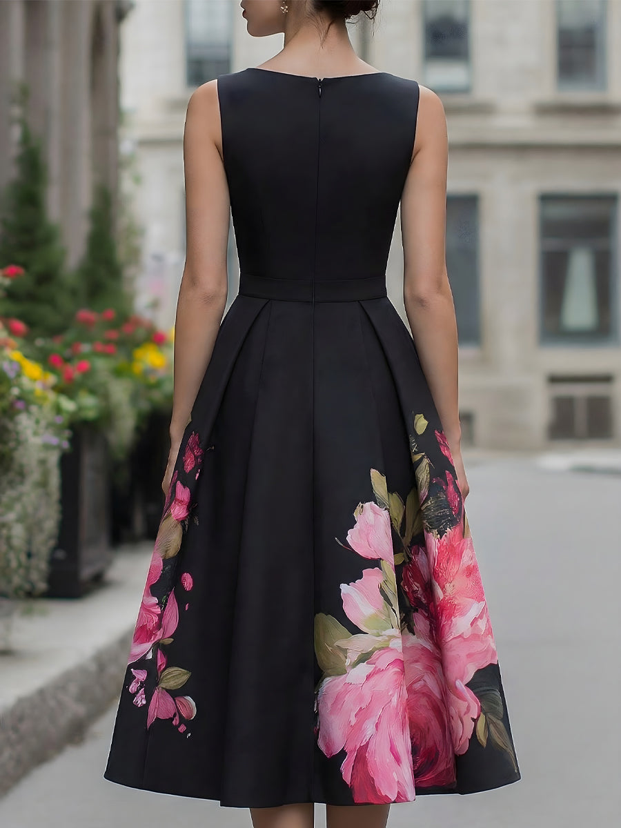 Floral Print Sleeveless Pleated A Line Dress