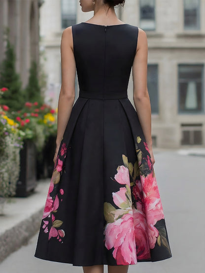 Floral Print Sleeveless Pleated A Line Dress