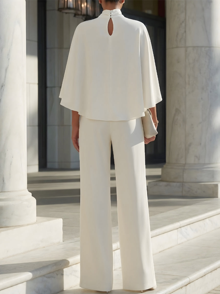 Cape Sleeve High Neck Blouse & Slit Wide Leg Trousers Set