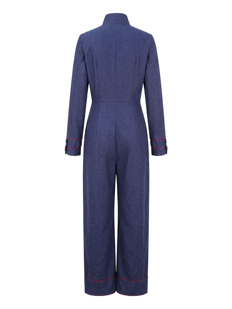 Contrast Piping Stand Collar Wide Leg Jumpsuit