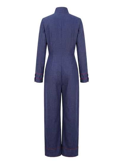 Contrast Piping Stand Collar Wide Leg Jumpsuit