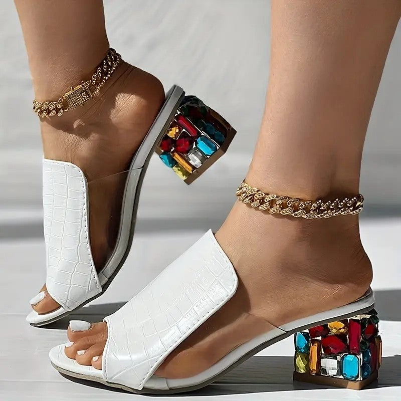 Open Backless Wide Textured Chunky Embellished Sandals