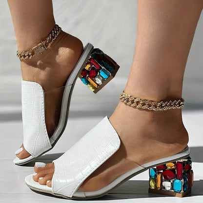 Open Backless Wide Textured Chunky Embellished Sandals