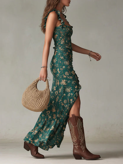 Sleeveless Square Neck Ruched Patterned Dress