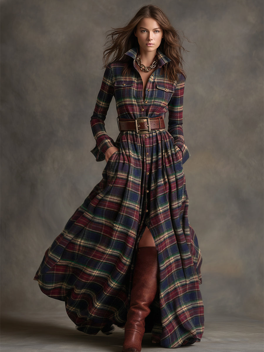 Collared Long Sleeved Plaid Pocketed Maxi Dress