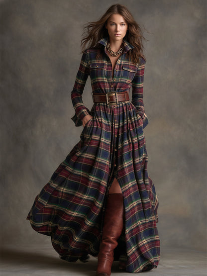 Collared Long Sleeved Plaid Pocketed Maxi Dress