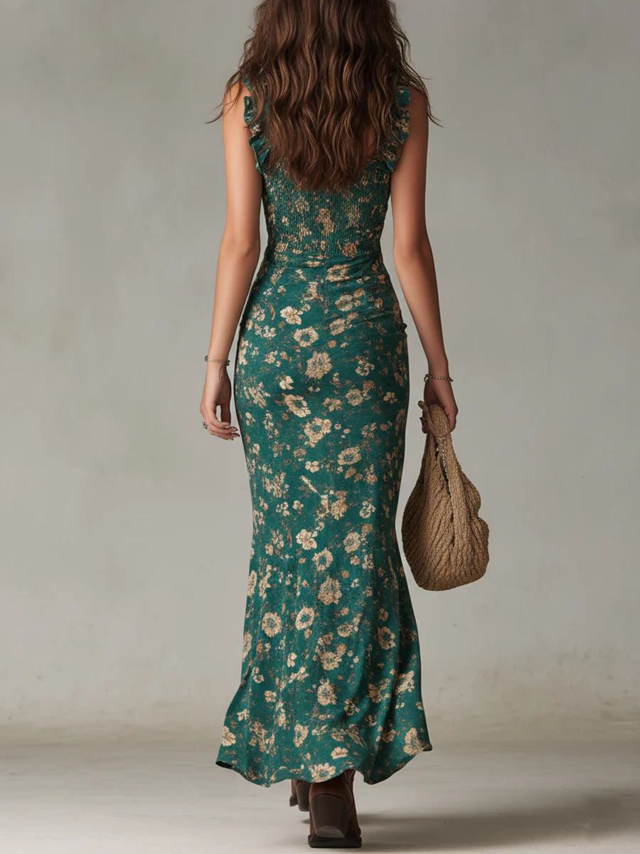 Sleeveless Square Neck Ruched Patterned Dress