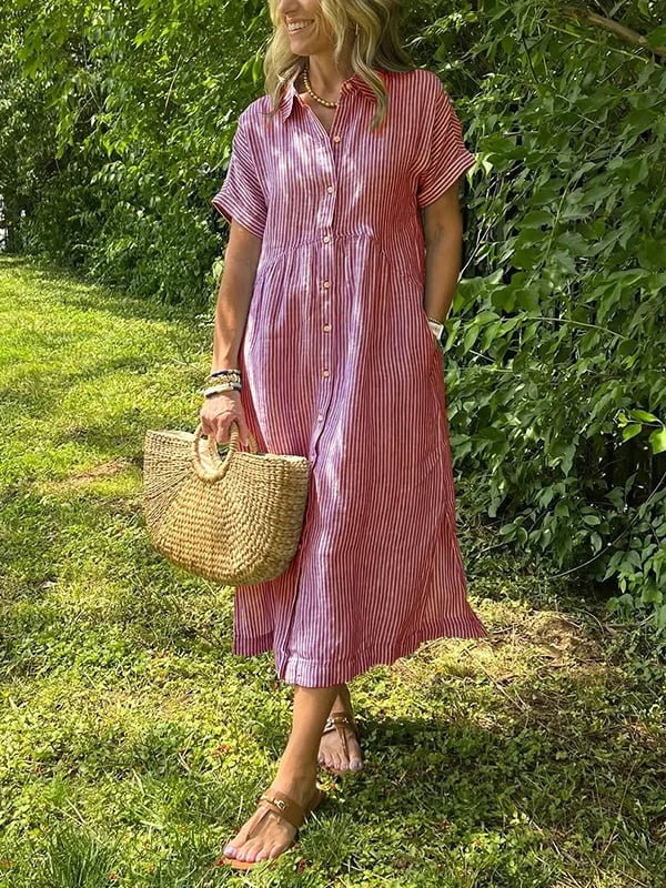 Striped Collared Buttoned Short Sleeved Dress
