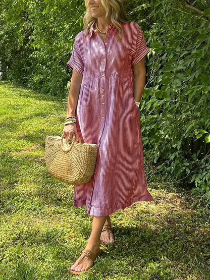 Striped Collared Buttoned Short Sleeved Dress