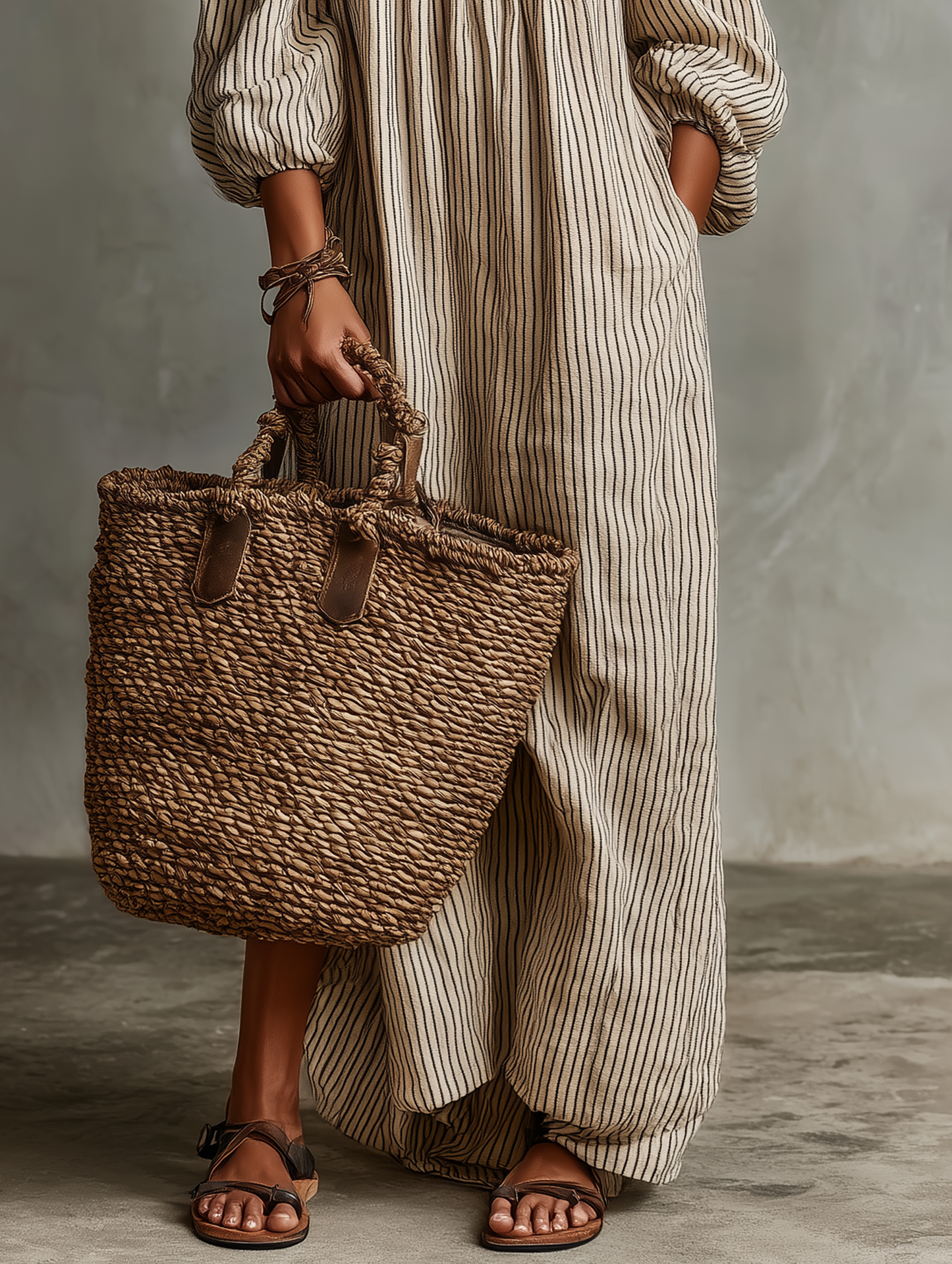 Off The Shoulder Striped Puff Sleeve Maxi Pocket Dress