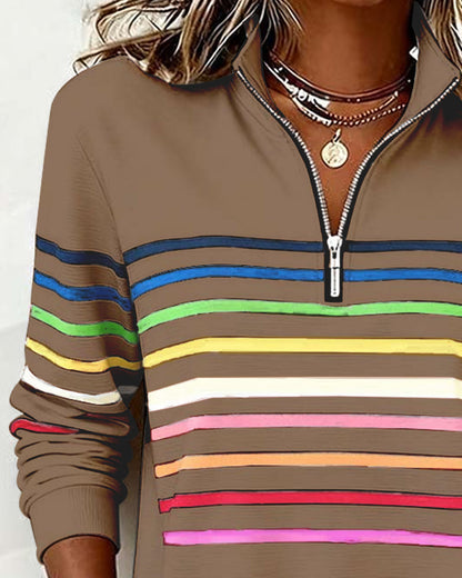 Women's Polo Collar Half Zip Striped Sweatshirt