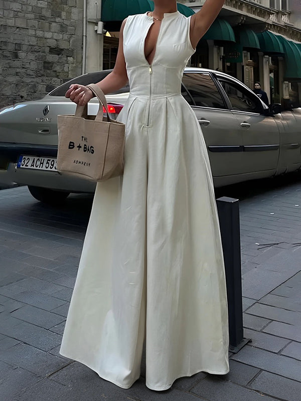 Sleeveless Zippered Pleated Maxi Fitted Flared Jumpsuit