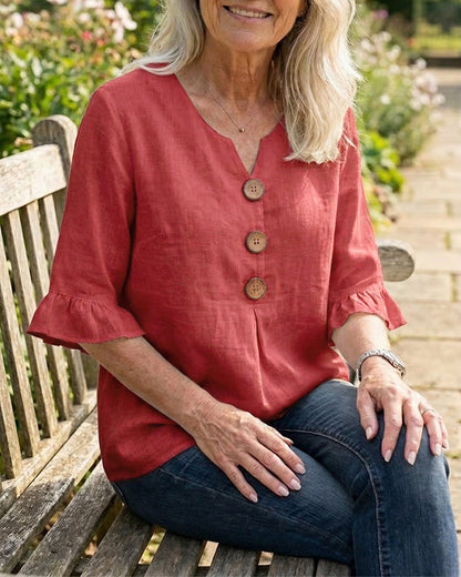V Neck Button Detail Ruffle Sleeve Top