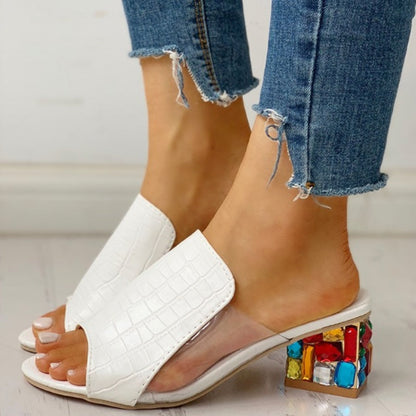 Open Backless Wide Textured Chunky Embellished Sandals