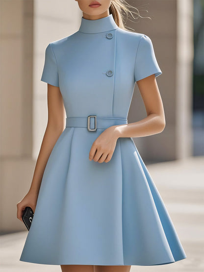 High Neck Short Sleeve Belted A Line Dress