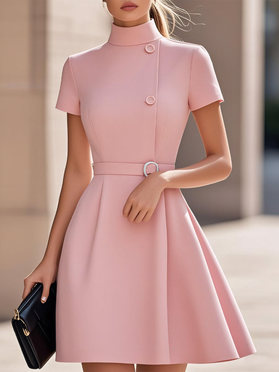 High Neck Short Sleeve Belted A Line Dress