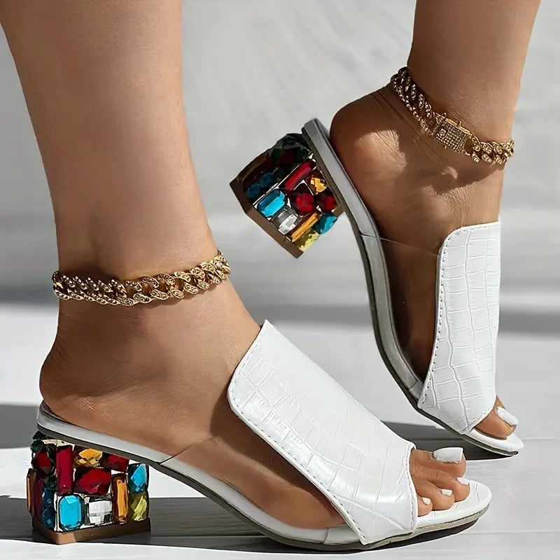 Open Backless Wide Textured Chunky Embellished Sandals