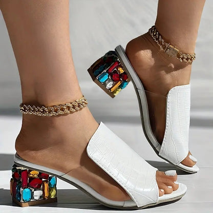 Open Backless Wide Textured Chunky Embellished Sandals