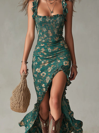 Sleeveless Square Neck Ruched Patterned Dress