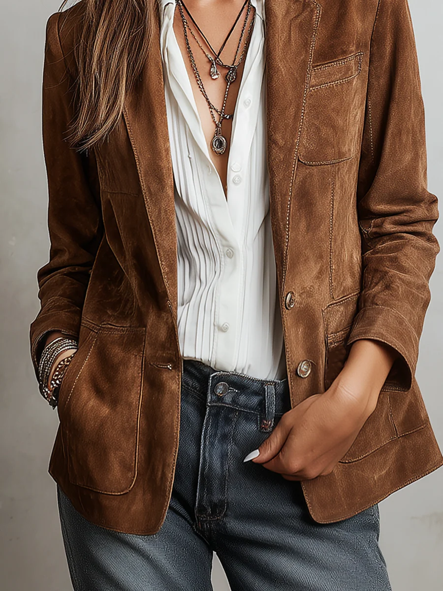Notch Lapel Button-Down Leather Blazer