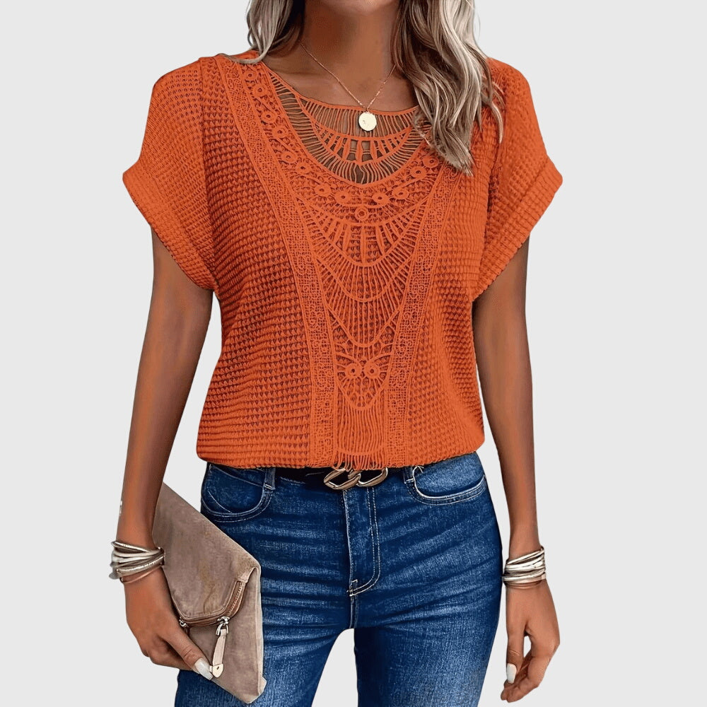 Textured Perforated Geometric Rolled Sleeved Relaxed Top