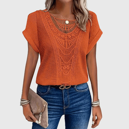 Textured Perforated Geometric Rolled Sleeved Relaxed Top