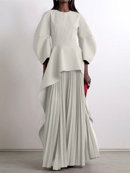 Long Sleeves Loose Pleated Tiered Round-Neck Maxi Dress