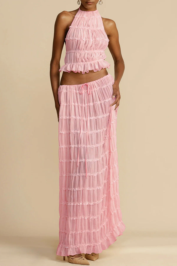 Drawstring Waist Layered Chiffon Set